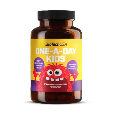 BioTechUSA ONE-A-DAY KIDS výživový doplnok vo forme žuvacích tabliet s jahodovou príchuťou, 60 ks